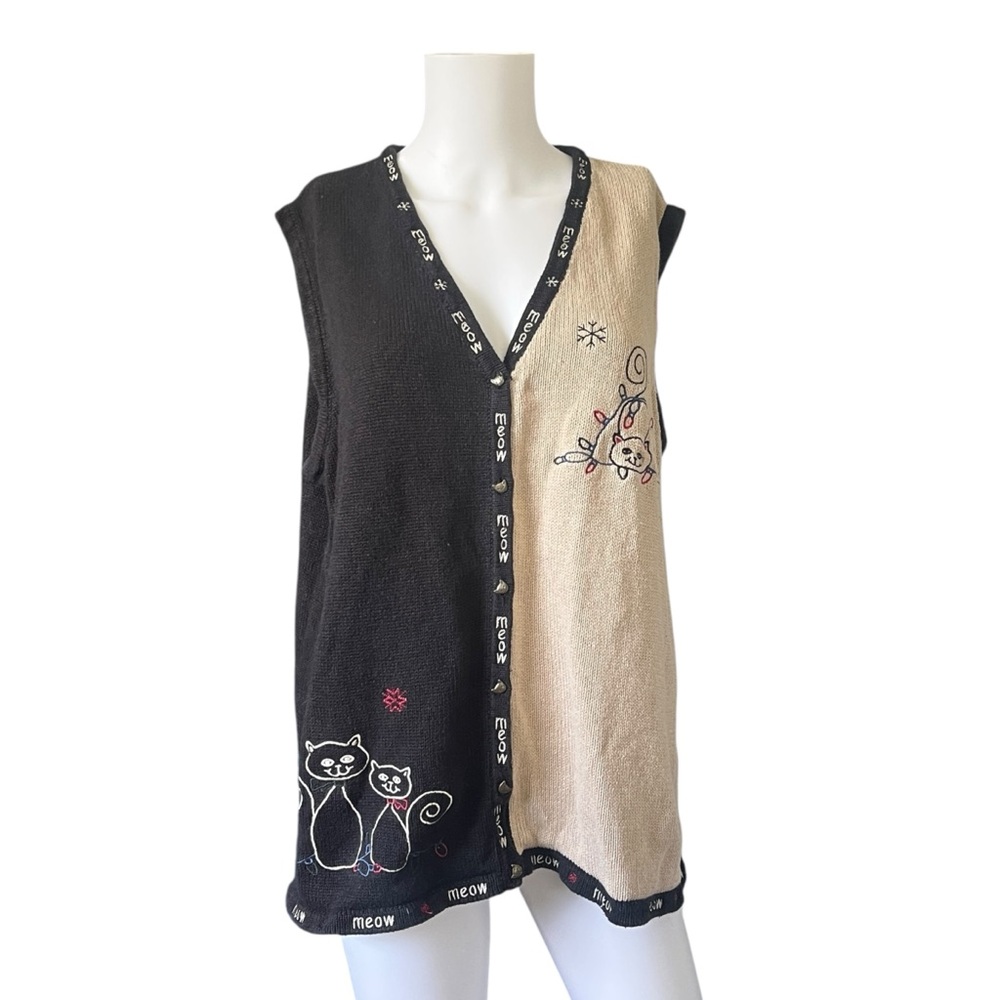 Vintage CJ Banks Embroidered Cat Vest Button Front Knit Holiday Womens Size 1X